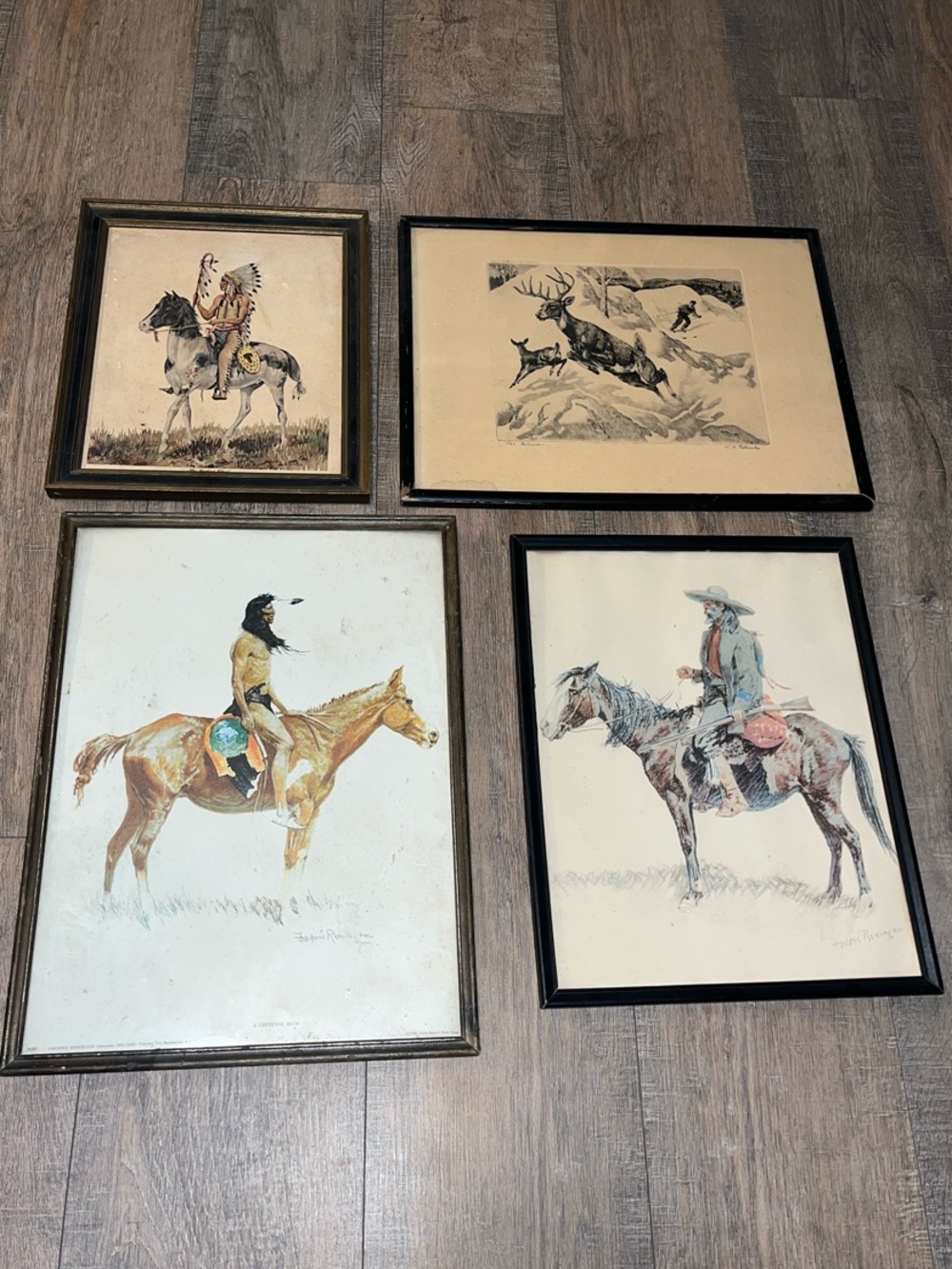 Vintage Rustic Cabin Picture Frame Prints Indian Chief Cowboy Winter Deer LOT